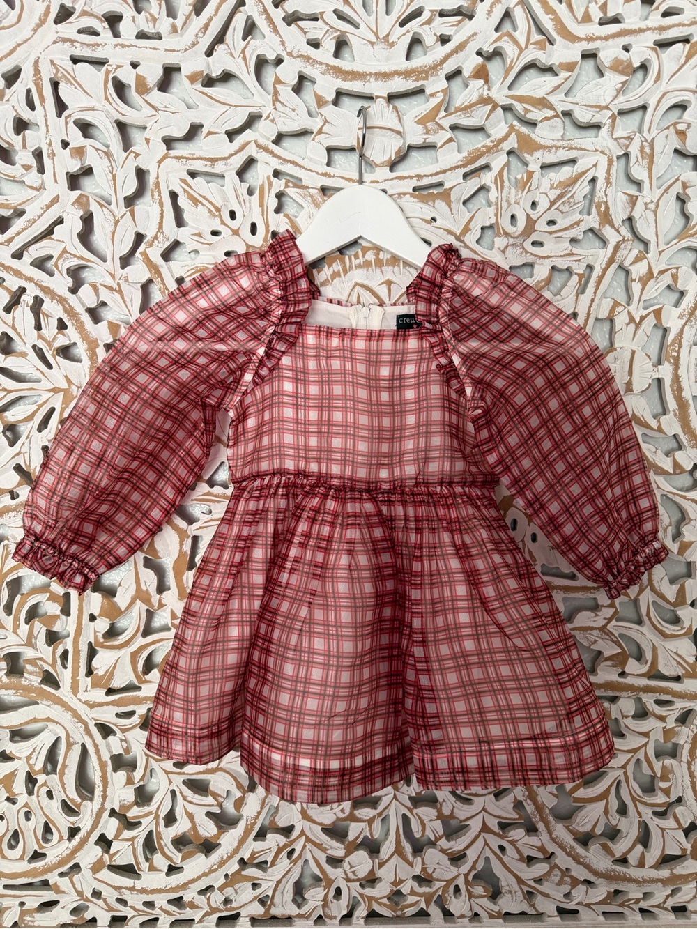 Crew Cuts Red Orange and Hunter Green Plaid Puff Sleeve Tunic Dress